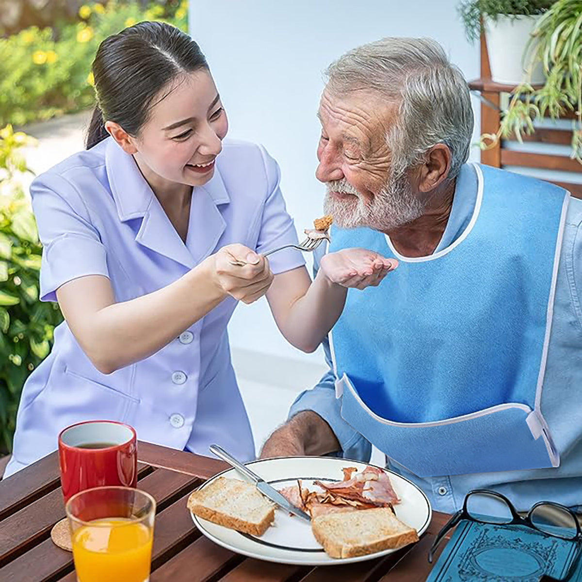 Blue Anti-Stain Feeding Apron with Pocket – Adjustable Care Bib for Elderly & Disabled Adults (2-Pack)