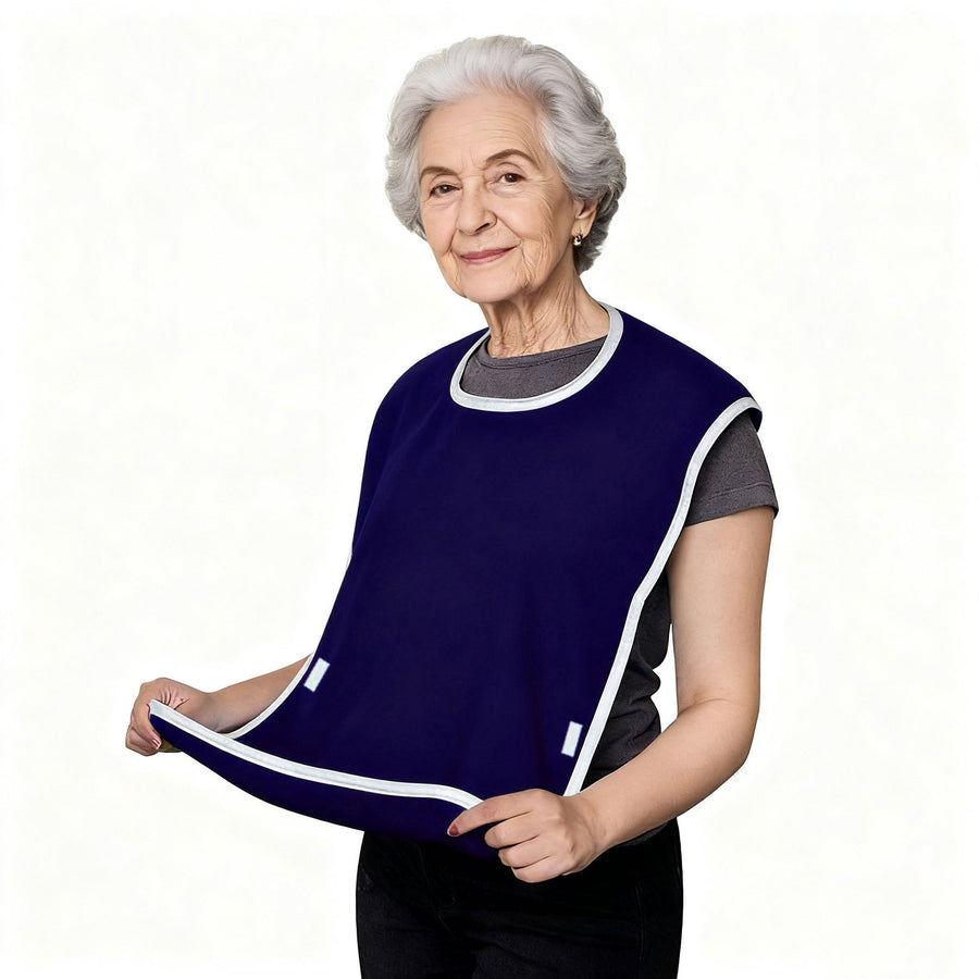 Dark Blue Anti-Stain Feeding Apron with Pocket – Adjustable Care Bib for Elderly & Disabled Adults (2-Pack)