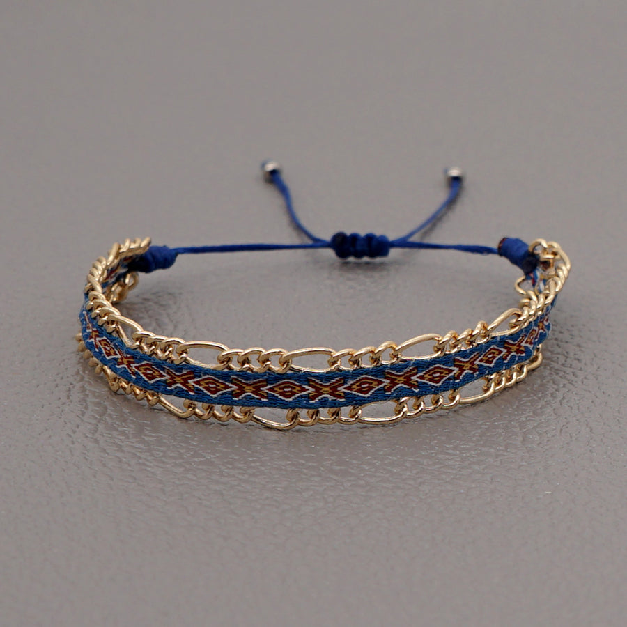 Blue Style Artisan Boho Beaded Bracelet - Handmade Woven Friendship Band with Gold-Plated Chain
