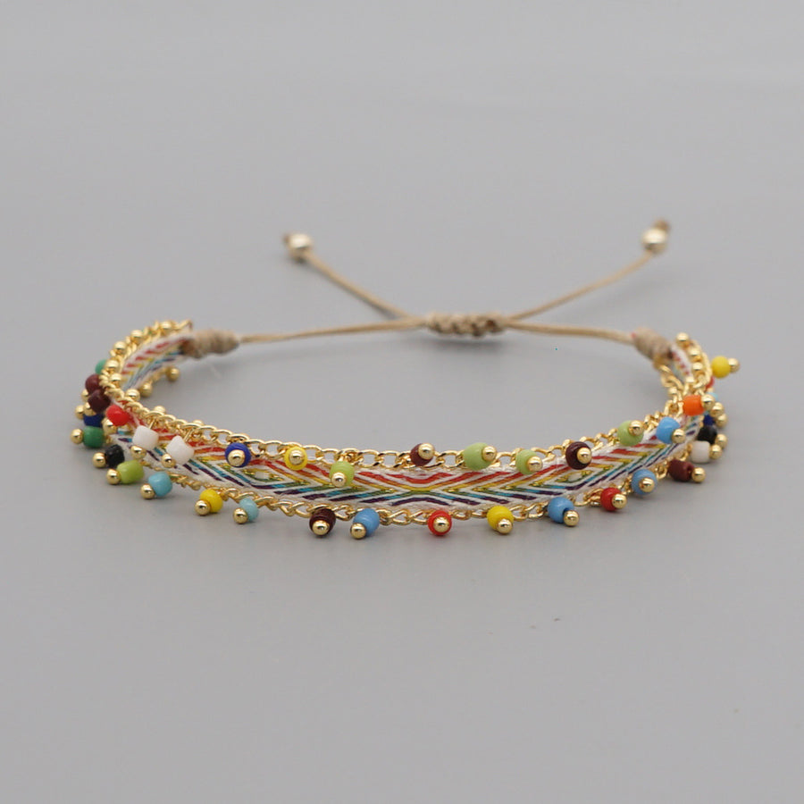 Multicolor Style Artisan Boho Beaded Bracelet - Handmade Woven Friendship Band with Gold-Plated Chain
