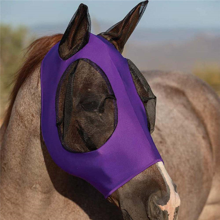 Purple 2-PCS Breathable Horse Fly Mask Set - Equestrian Fly Veils with Ears for Insect Control and Comfort