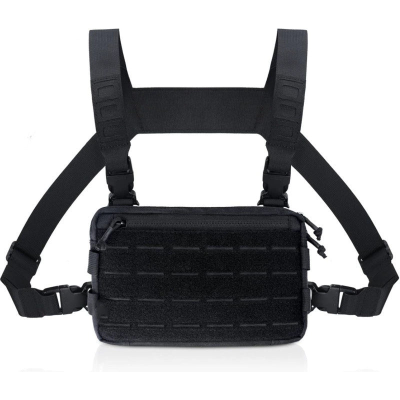 Black Minimalist Tactical Chest Rig - Lightweight Recon Pouch with Laser-Cut MOLLE & Quick-Release Buckles