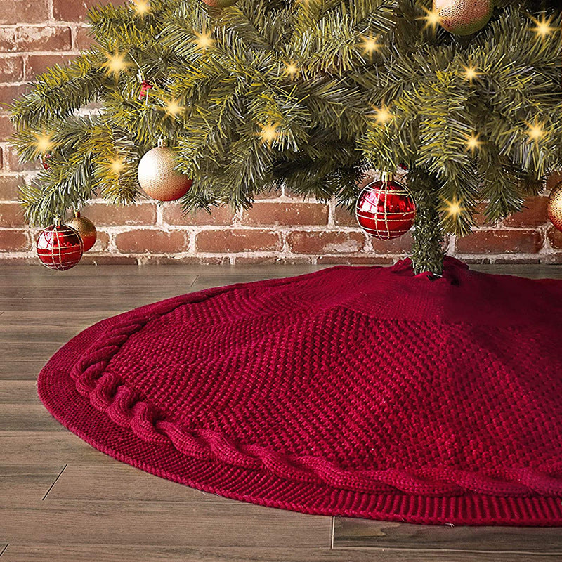 Festive Knit Christmas Tree Skirt - Acrylic Red Tree Mat with Pom-Poms 122cm