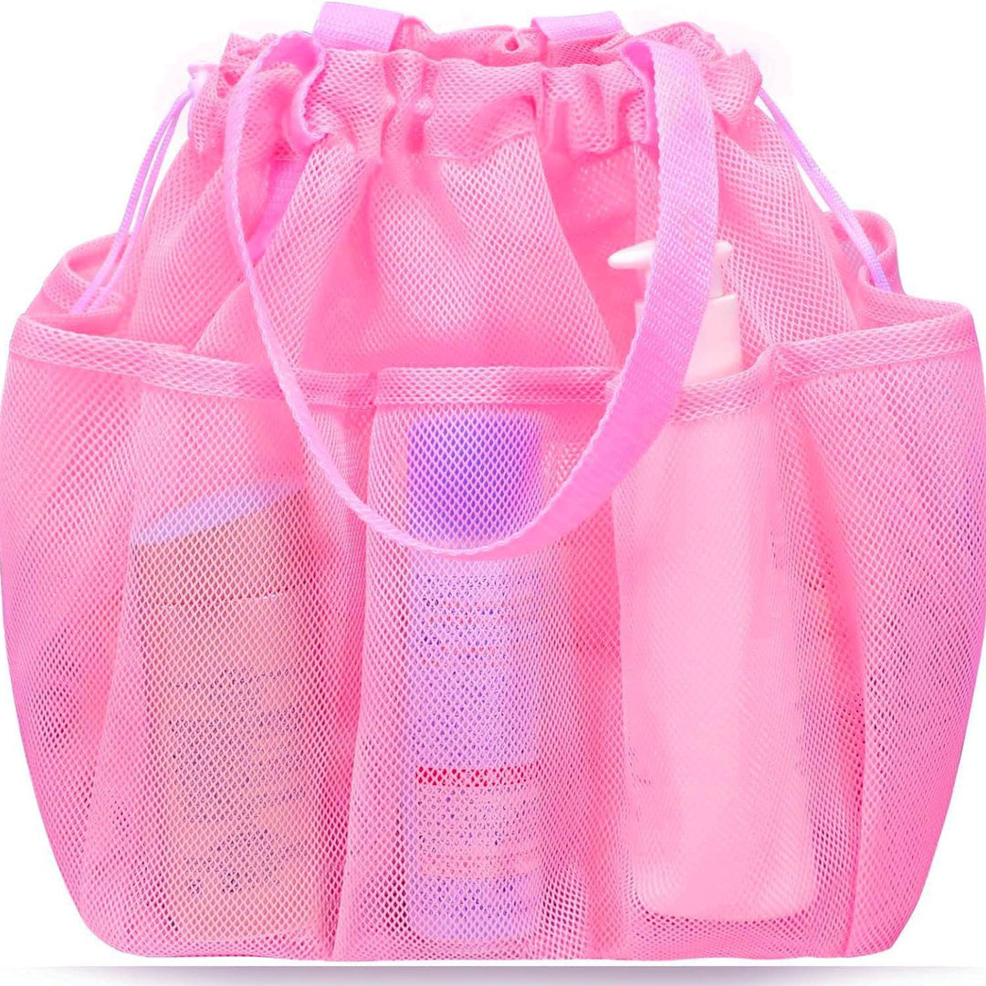 Pink Large Multi-Pocket Mesh Beach Tote Bag - Quick-Dry Travel & Gym Organizer with Drawstring Closure