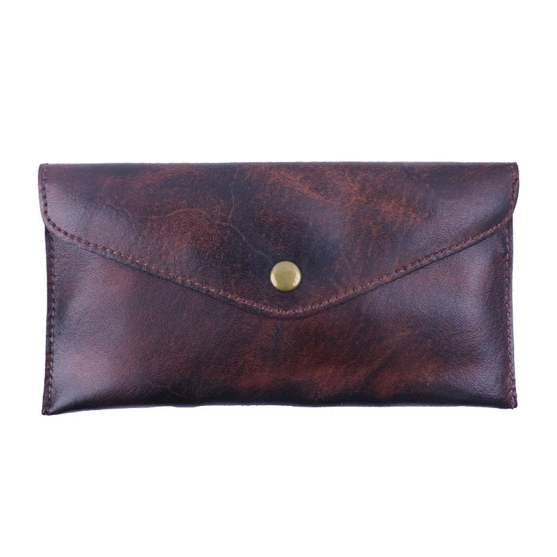 Coffee Vintage Japanese Style Full-Grain Leather Phone Wallet - Slim Envelope Clutch for Women