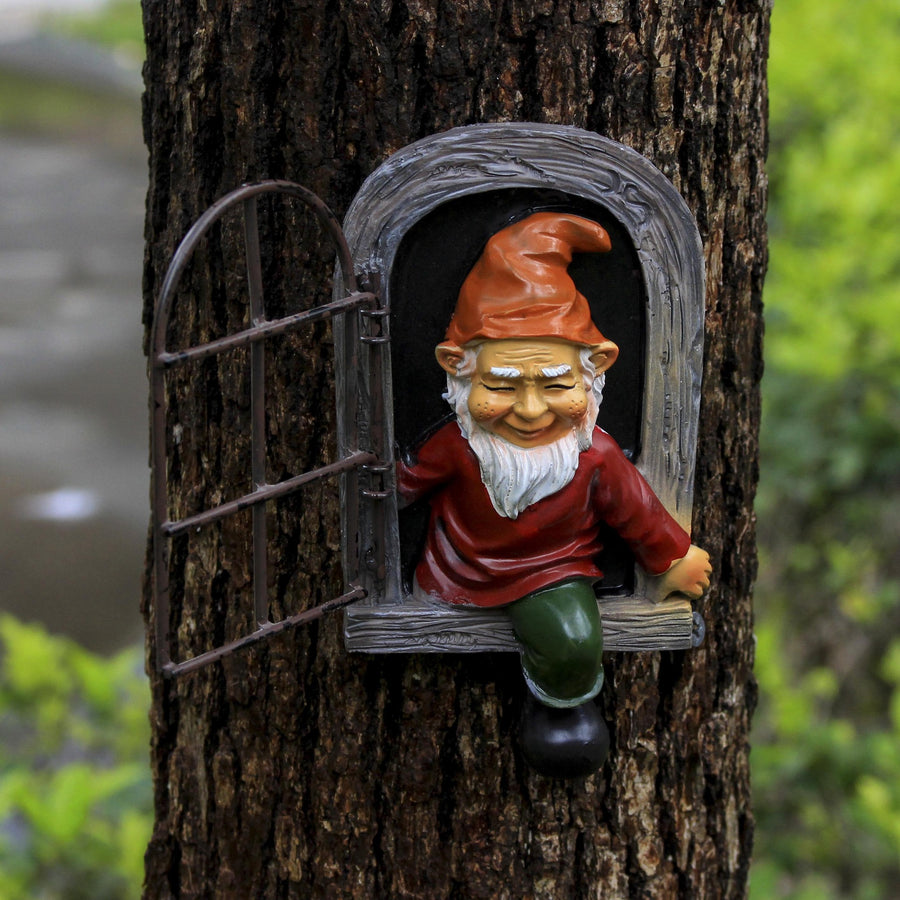 Red-clad White-bearded Old Man Climbing Window Gnome Figurine - Resin Craft Ornament, Garden Cartoon Statue Decoration