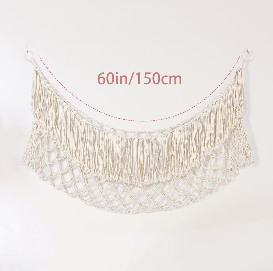 White Hand-Woven Cotton Rope Plush Toy Hammock - Wall Organizer with Tassels, Decorative Toy Net (150 x 40cm)