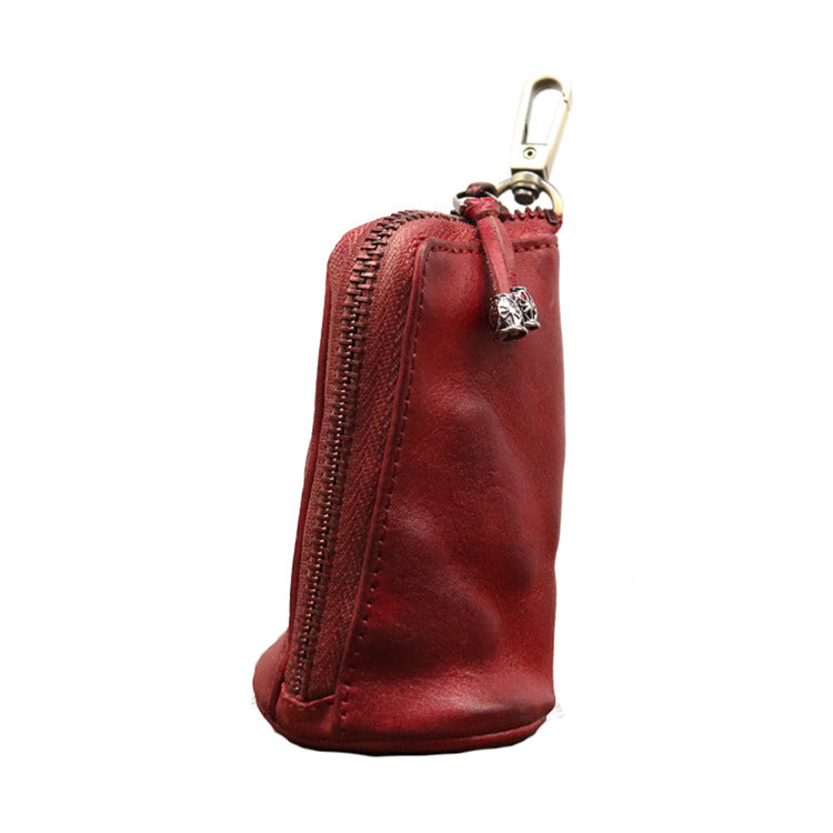 Red Vintage Top-Grain Cowhide Key Pouch - Men's Large Capacity Waist-Mounted Retro Key Holder (11x6x6 cm)