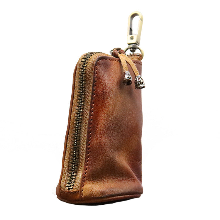 Brown Vintage Top-Grain Cowhide Key Pouch - Men's Large Capacity Waist-Mounted Retro Key Holder (11x6x6 cm)