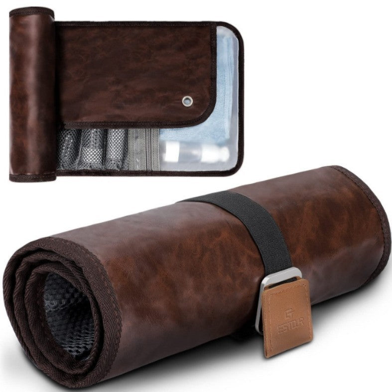 Brown Men's PU Leather Toiletry Bag - Waterproof Travel Organizer for Shaving Kits & Bathroom Accessories (50.8x25.4 cm unfolded, 25.4 cm rolled)