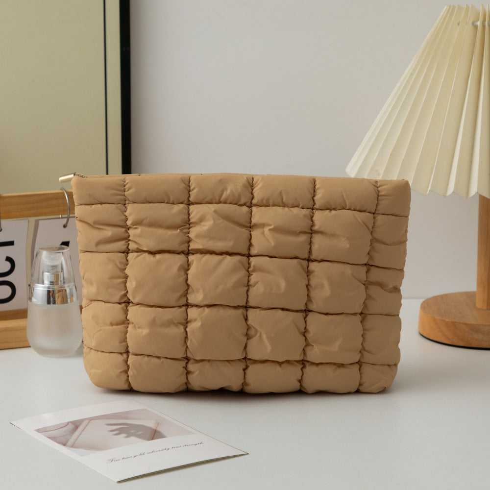 Light Brown 2 Pack Quilted Puffer Clutch Bag Set Checkered Makeup Pouch Women Fashion Cosmetic Organiser for Travel and Daily Use