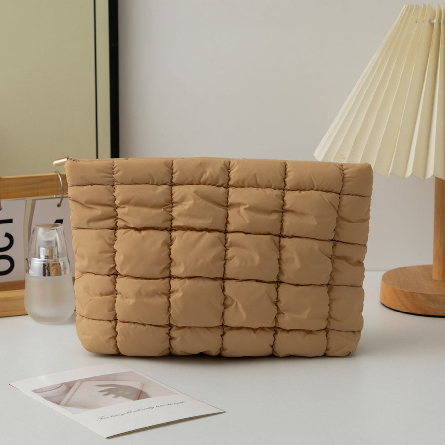 Light Brown 2 Pack Quilted Puffer Clutch Bag Set Checkered Makeup Pouch Women Fashion Cosmetic Organiser for Travel and Daily Use