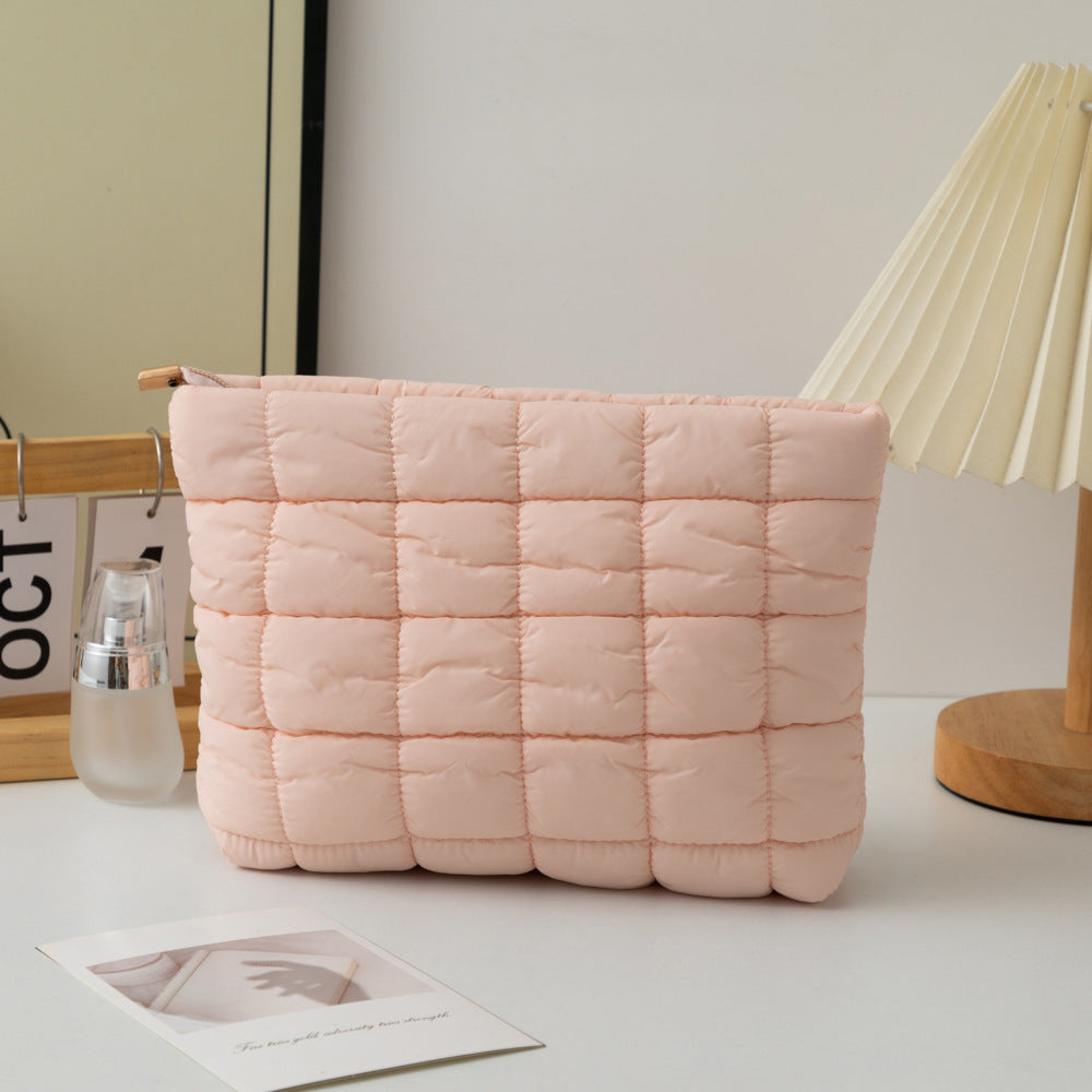 Pink 2 Pack Quilted Puffer Clutch Bag Set Checkered Makeup Pouch Women Fashion Cosmetic Organiser for Travel and Daily Use