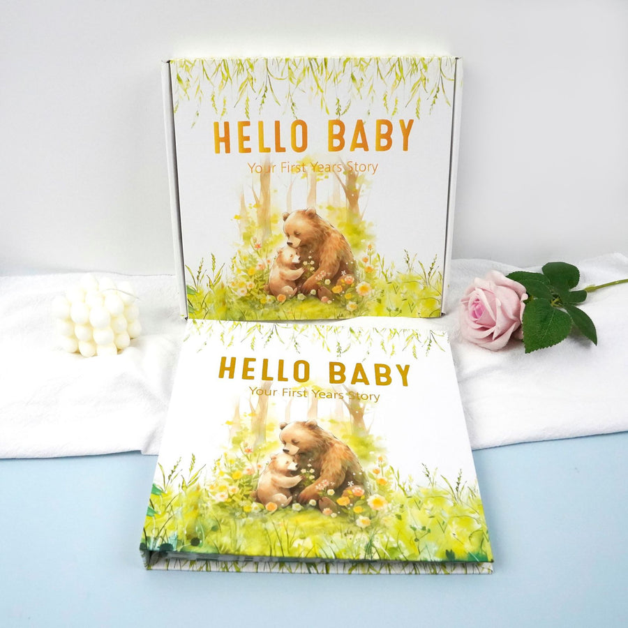 Little Bear Cub Printed Baby Memory Book with Gift Box Hardcover Milestone Journal Your First Years Story Cute Bunny Theme for Boys Girls Pregnancy to Toddler Keepsake