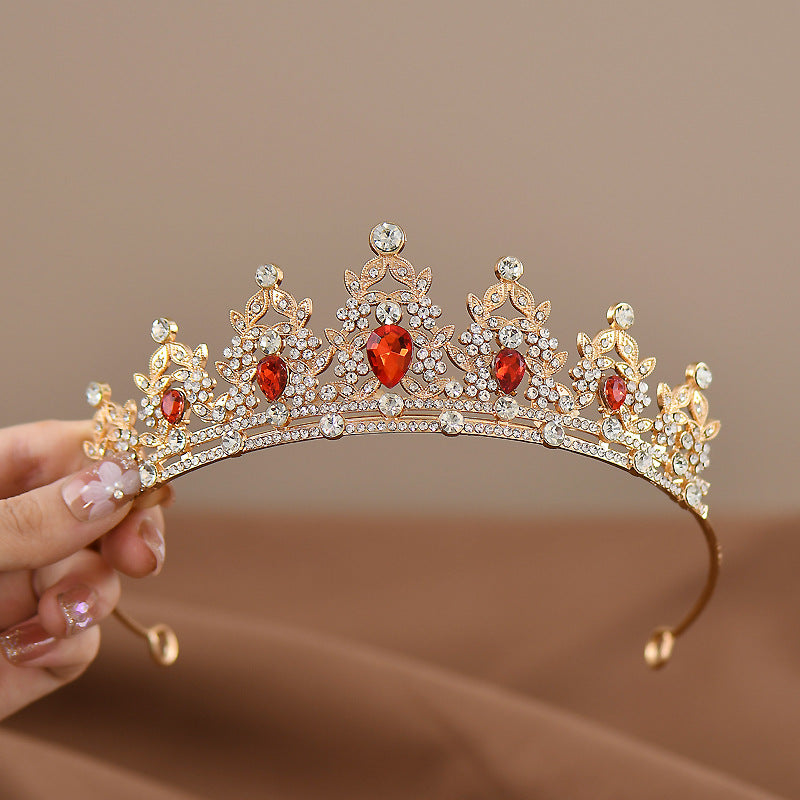 Golden-red Girls Princess Tiara Crown Crystal Rhinestone Headpiece 14cm Diameter for Birthday Party Dance Performance and Flower Girls Elegant Hair Accessory