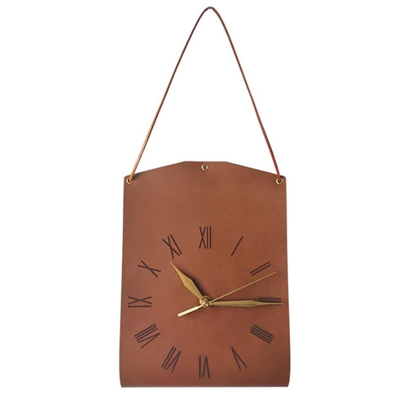 Dark Brown Nordic Style PU Leather Hanging Wall Clock Vintage Industrial Design with Roman Numerals Creative Art Timepiece for Cafe Living Room and Office