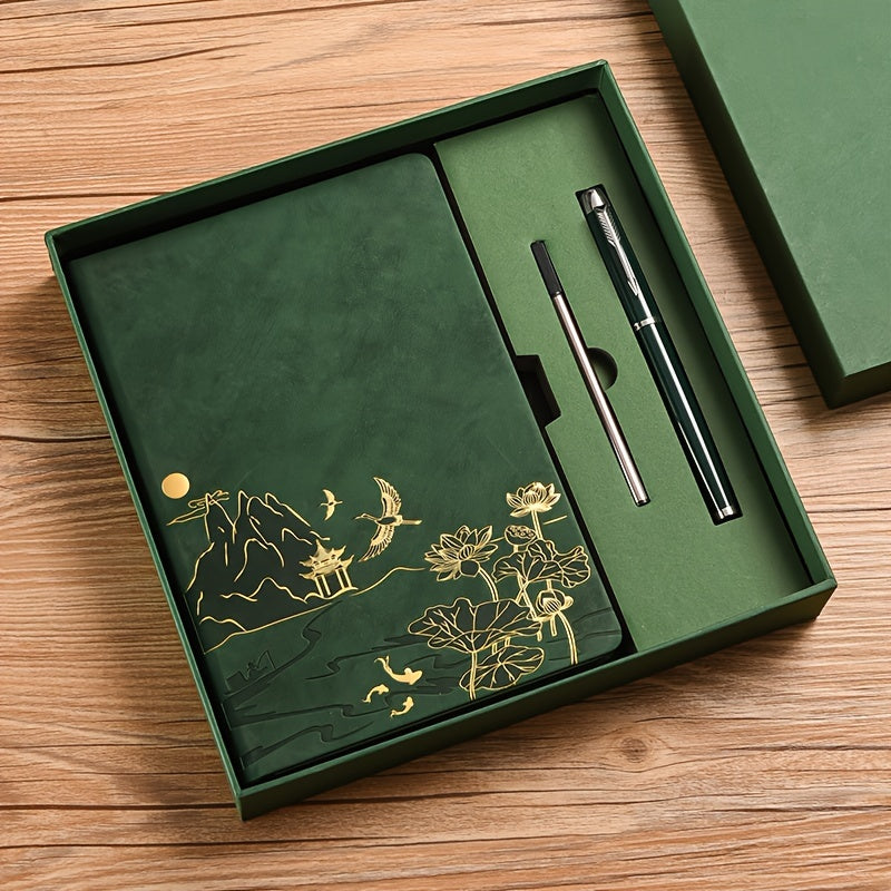 Green A5 Premium Notebook Gift Set with Pen - PU Leather Journal with Gold Oriental Art - 200 Pages Business Diary & Corporate Gift Box (Lotus & Crane Design)