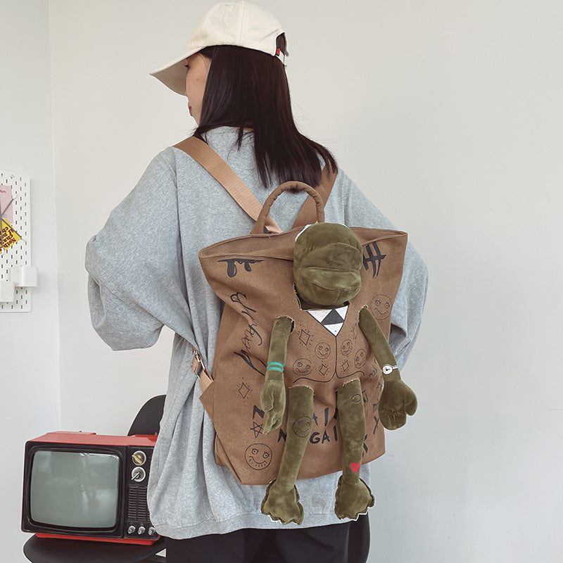 Coffee-brown 3D Frog Graffiti Canvas Backpack Large Capacity 37x40cm School Bag for Students and Uni Students - Creative Aesthetic Rucksack