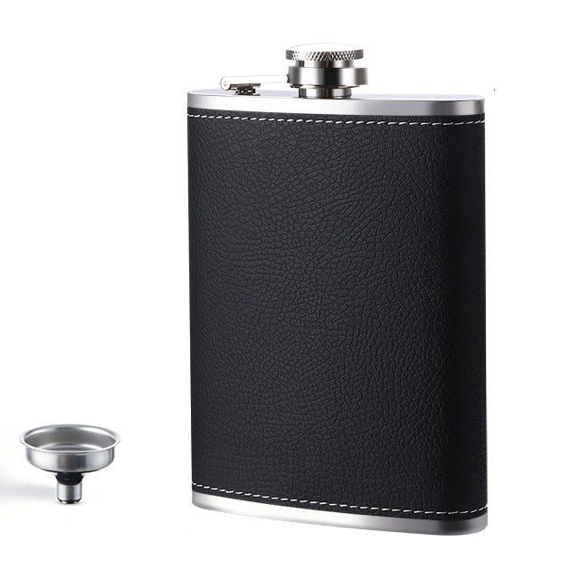 Black 8oz Stainless Steel Hip Flask with Black Lychee Grain Texture and Funnel, Portable 12.2cm Bottle for Australian Camping and Outdoors
