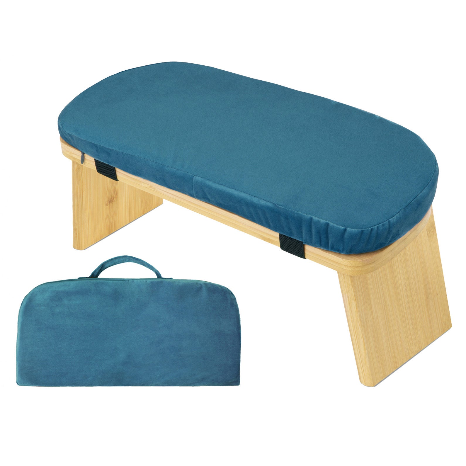 Blue Foldable Wooden Meditation Stool with Padded Cushion 45x21cm - Portable Yoga Kneeling Bench with Carry Bag for Mindfulness and Home Zen