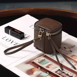 Coffee 2 Pack Mini PU Leather Cube Cosmetic Bag - Portable Travel Pouch for Lipstick, Coins and Jewelry - Compact Storage with Wrist Strap 8x7.5cm