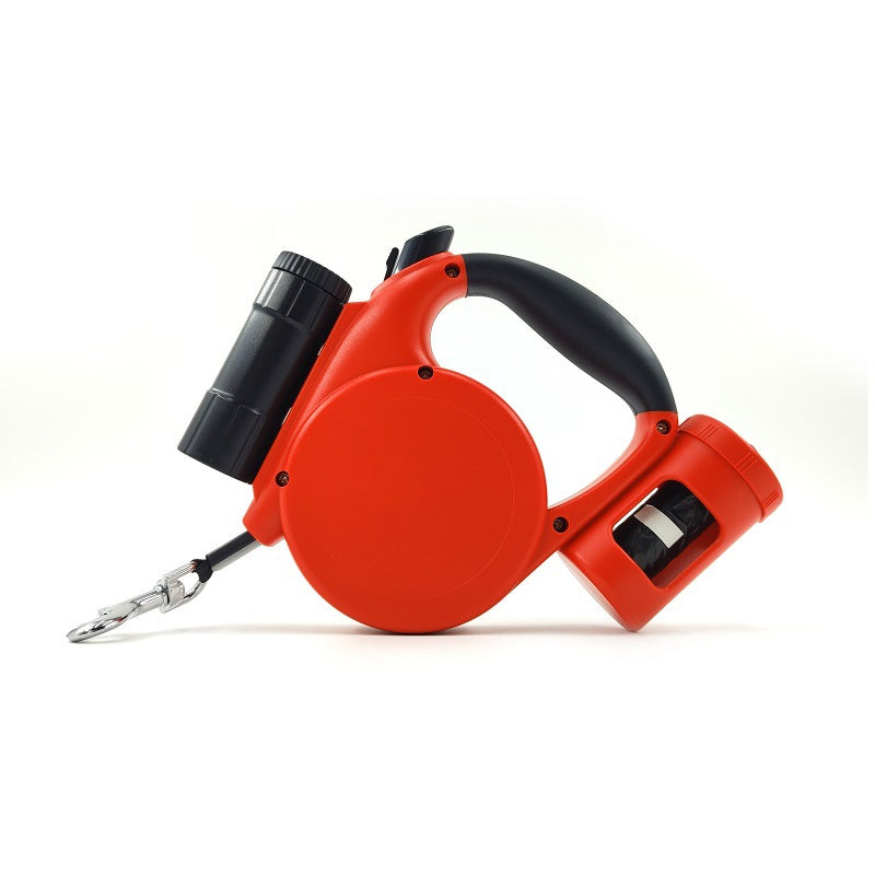 Red 3-in-1 Retractable Dog Leash with LED Flashlight and Waste Bag Dispenser 5m Nylon Lead for Dogs up to 20kg Essential Pet Walking Gear