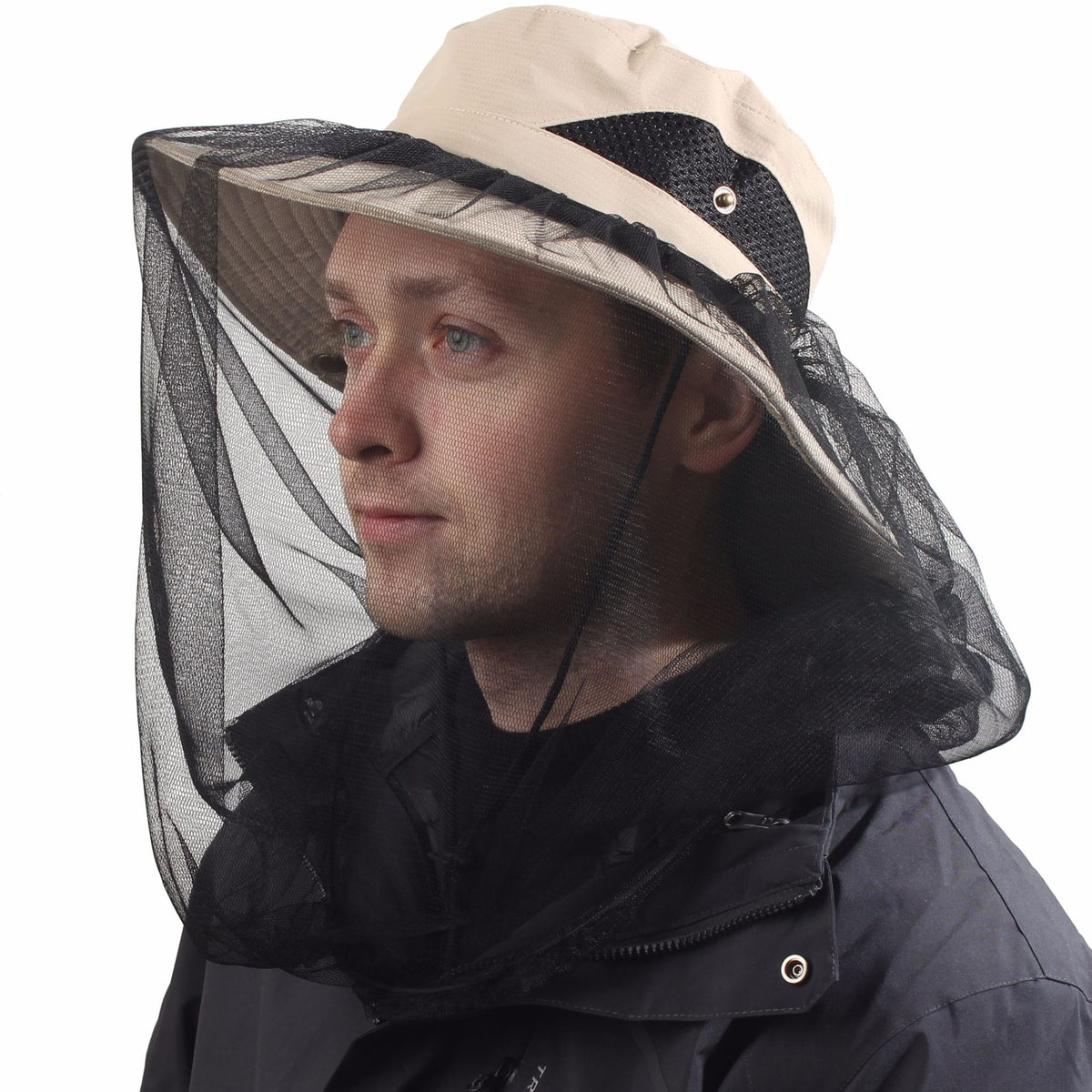 Khaki Outdoor Mosquito Head Net Hat with 40cm Mesh Shield - Wide Brim Sun Protection Bucket Hat for Fishing and Hiking - Quick Dry Breathable Cap