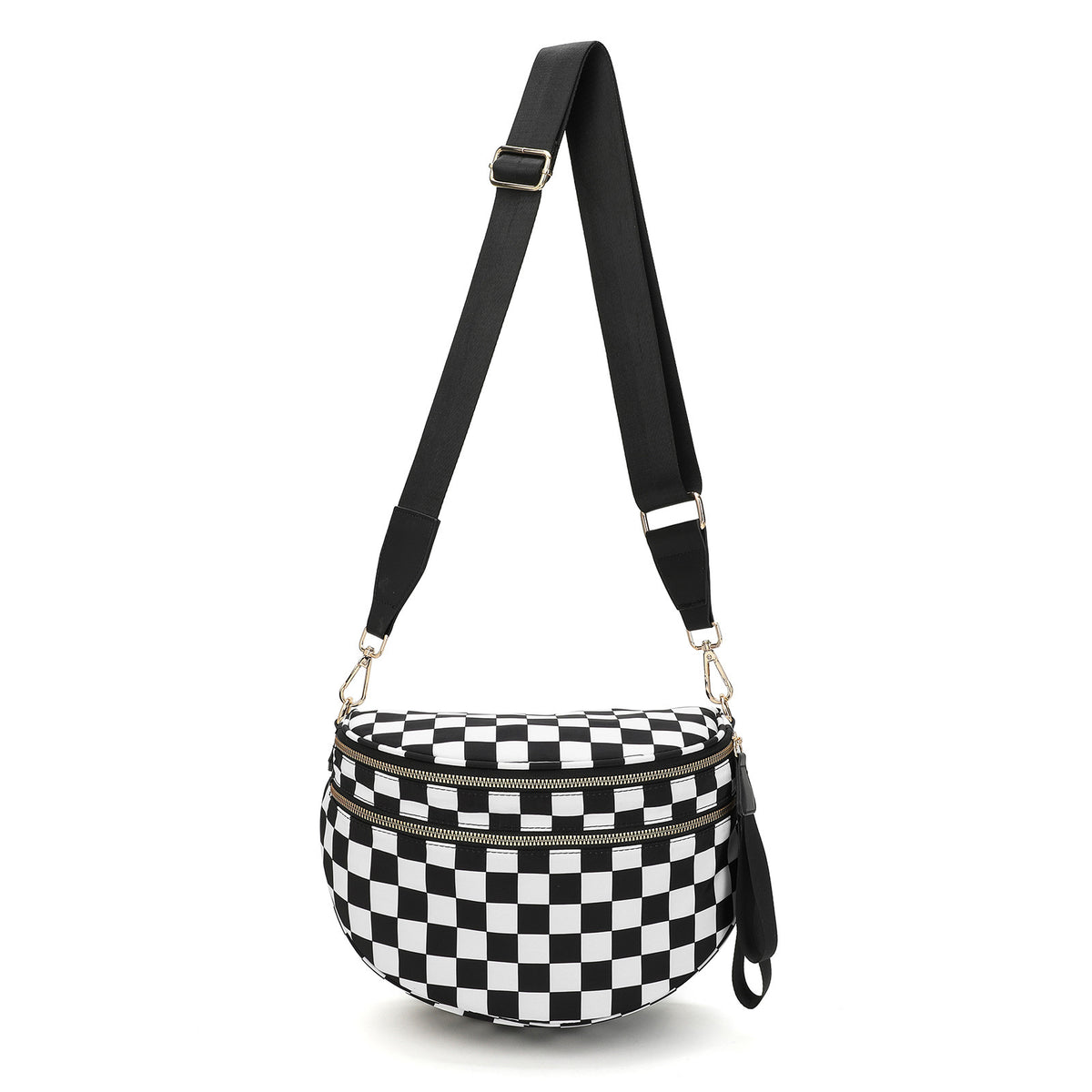 Black-and-white Checkered Pattern Women's Large Crescent Crossbody Bag Lightweight Oxford Cloth Shoulder Sling Purse Adjustable Strap for Travel Gym & Daily Use