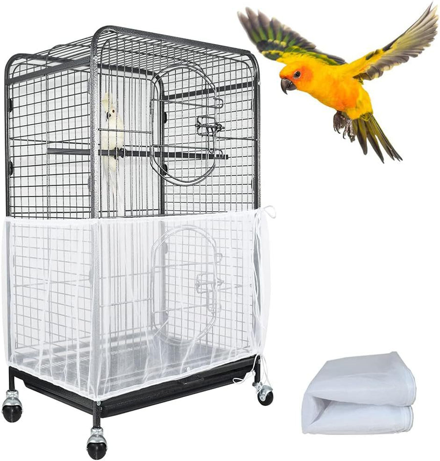 L White【Height 30, Circumference 220】 Large Bird Cage Seed Catcher Net Cover - Adjustable Mesh Guard Splash-Proof Dust Cover for Indoor Outdoor Cages