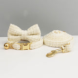 S White 3 Piece Luxury Tweed Cat Collar and Leash Set with Removable Bow Tie & Bell Adjustable Neck Strap for Kittens Small Dogs Elegant Walking Gear