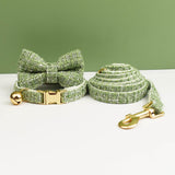 L Green 3 Piece Luxury Tweed Cat Collar and Leash Set with Removable Bow Tie & Bell Adjustable Neck Strap for Kittens Small Dogs Elegant Walking Gear