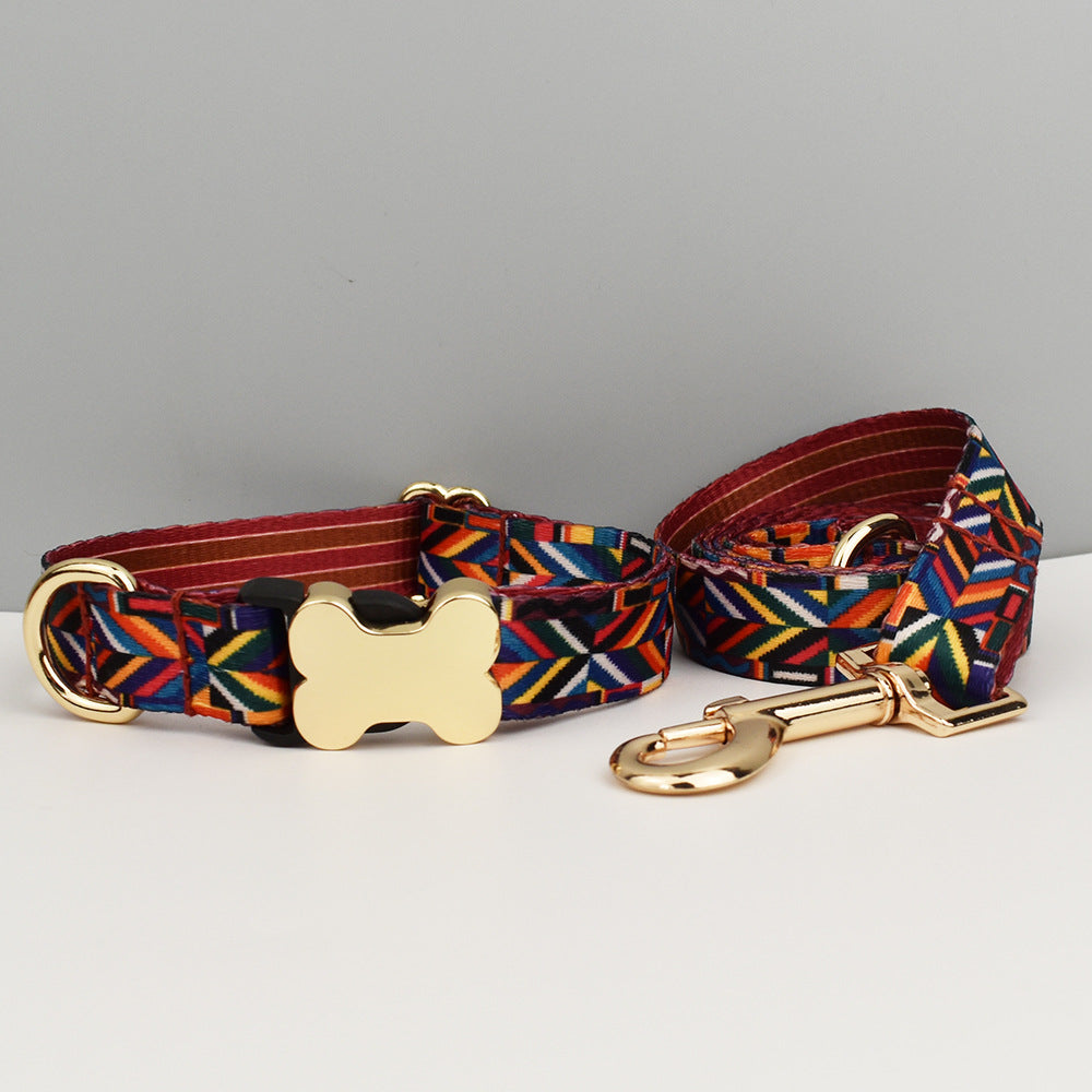 M Rainbow Boho Patterned Dog Collar with Gold Metal Bone Buckle Adjustable Tribal & Leopard Print Neck Strap for Puppies & Dogs
