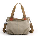 Khaki Women's Retro Canvas Tote Bag Large Capacity Shoulder Handbag Adjustable Crossbody Strap 35cm for Travel Work & Daily Use