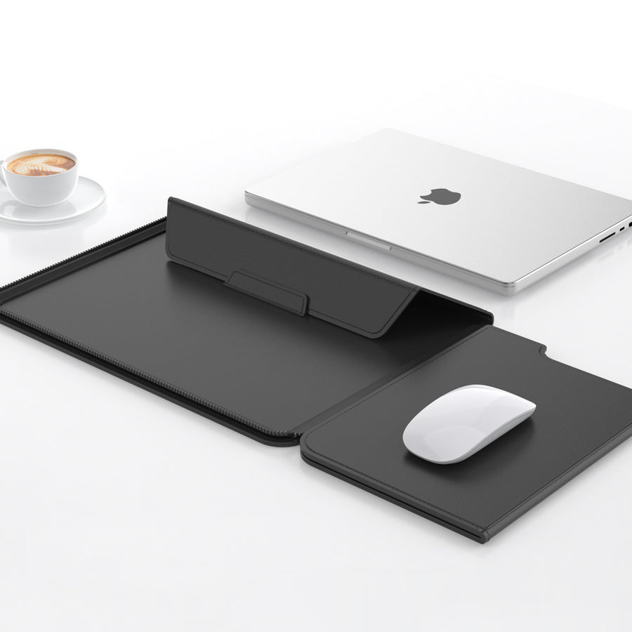 3-in-1 Detachable PU Leather Laptop Sleeve with Ergonomic Stand & Mouse Pad(black  13/14 inch)