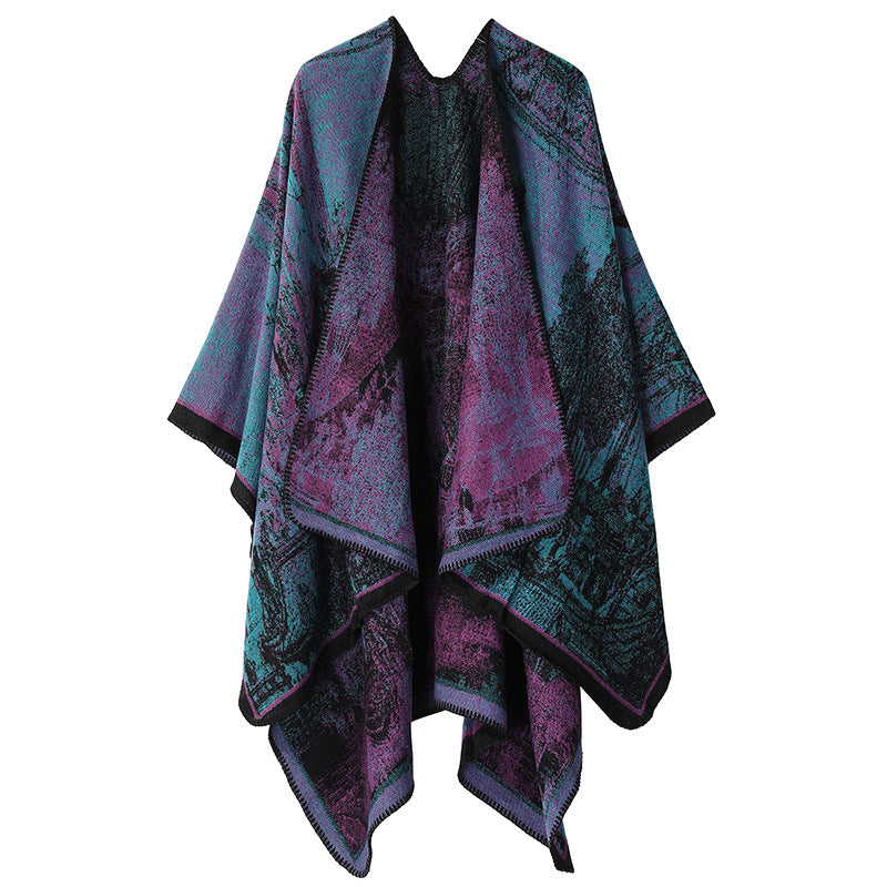 Faux Cashmere Shawl (Qingming Scroll Print) - Purple Cyan, 160*135cm