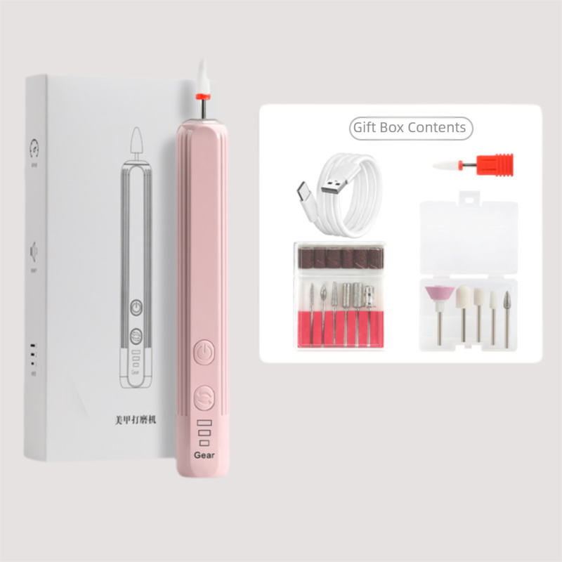 Pink Pro Portable Electric Nail Drill Kit With 10 Bits - Fast, Quiet, Rechargeable