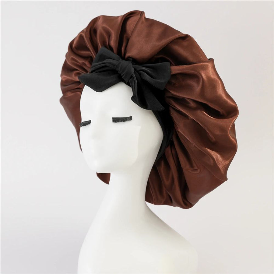 2-Pack Brown Satin Bonnet with Wide Band and Bow Tie - Hair Care Sleep Cap and Turban for Women
