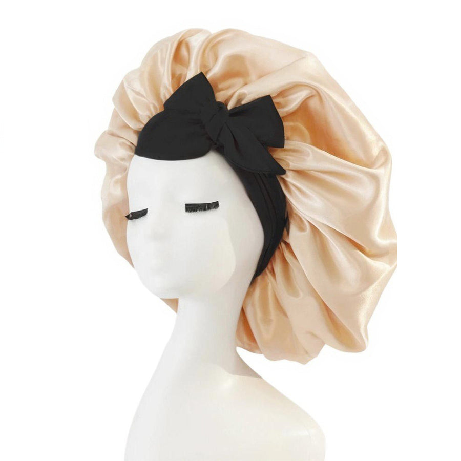 2-Pack Khaki Satin Bonnet with Wide Band and Bow Tie - Hair Care Sleep Cap and Turban for Women