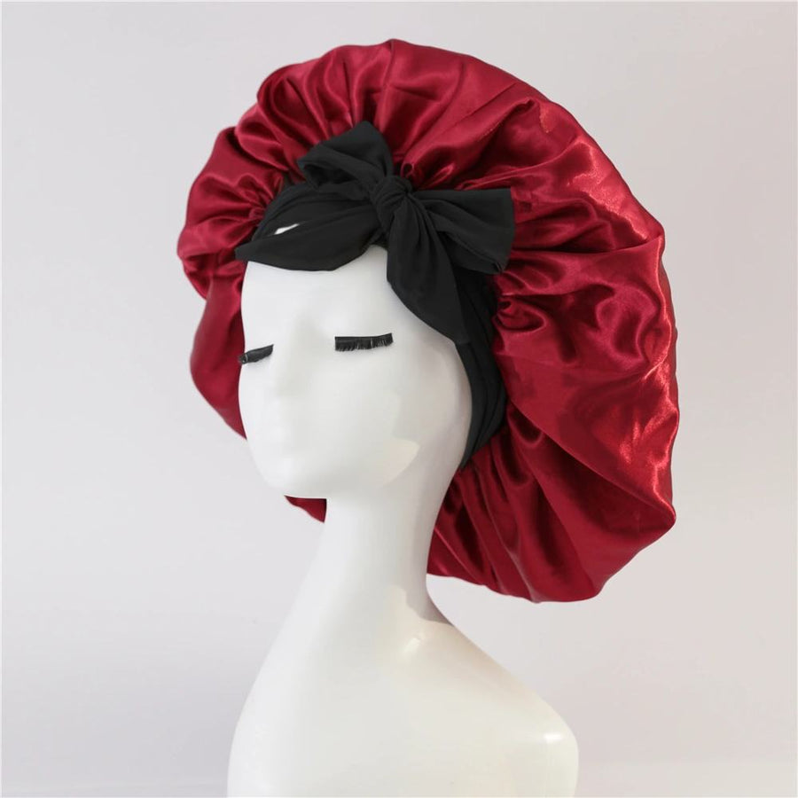 2-Pack Wine Red Satin Bonnet with Wide Band and Bow Tie - Hair Care Sleep Cap and Turban for Women