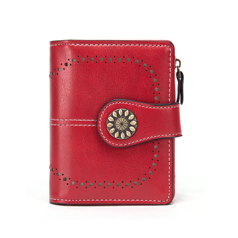 Red Korean Style Cutout Compact PU Leather Wallet - Women's Mini Bifold Purses with 8 Card Slots, 2 ID Window & Coin Zip Pocket