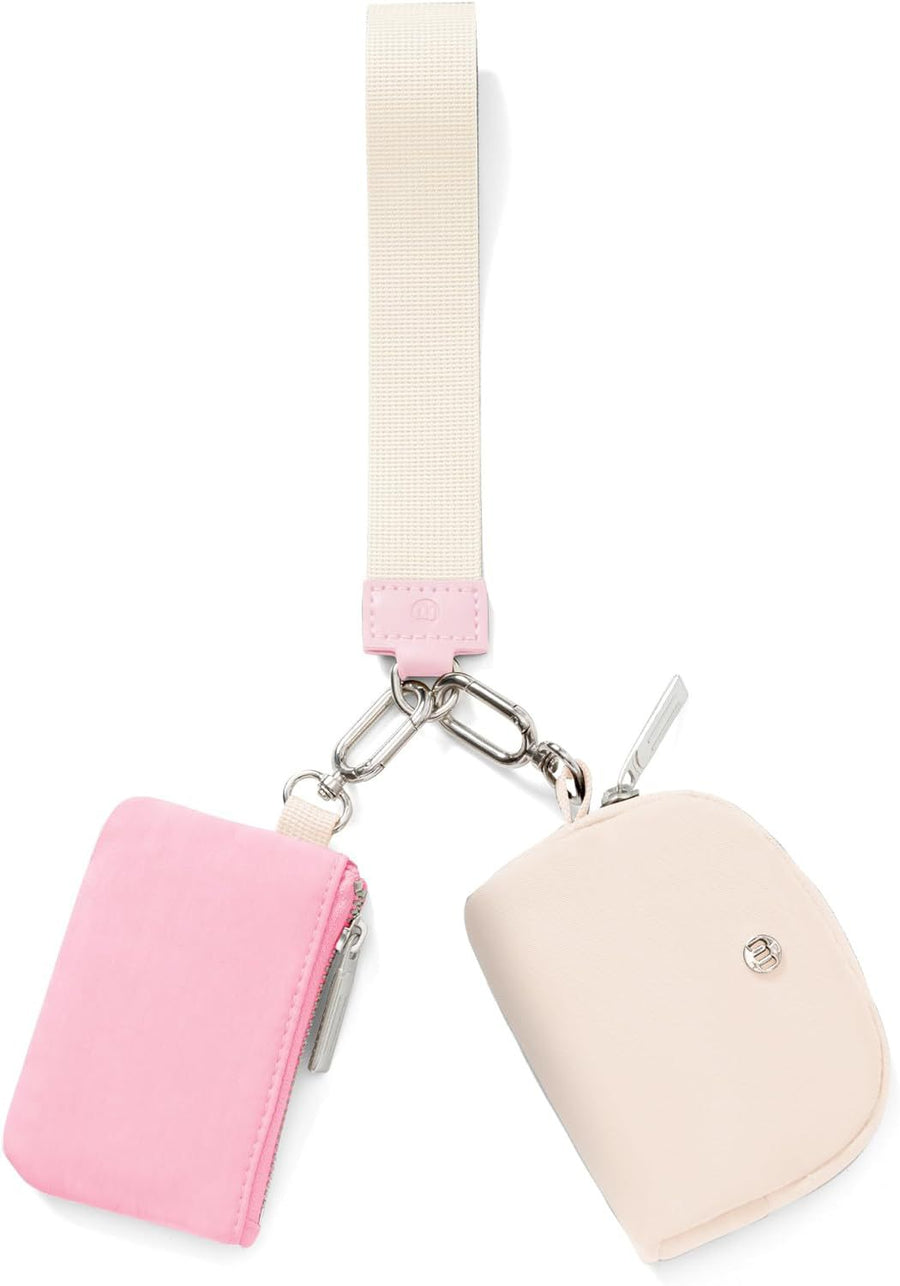 Pink Beige Women's Ultralight Fashion Nylon Wristlet Pouch Set - Portable Mini Coin Purse & Key Holder Wallet