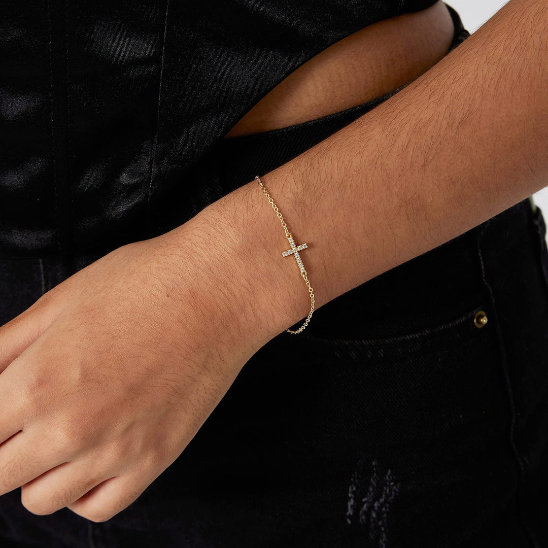 2-Pack Gold & Sliver Plated Micro-Paved CZ Mini Cross Bracelet - Dainty Adjustable O-Chain Wrist Jewelry(16-21CM)