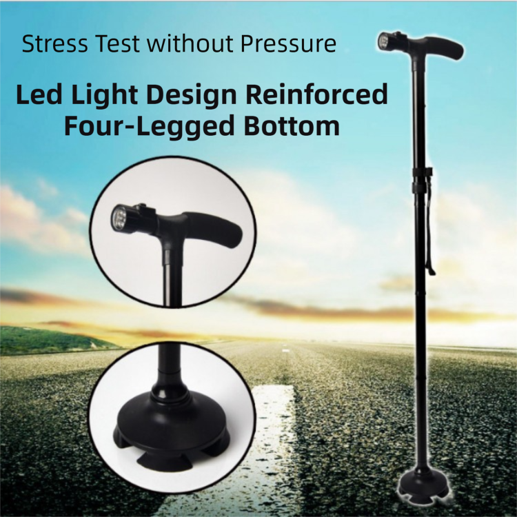 Folding LED Walking Cane with Dual Handle - Adjustable(88-98CM), Anti-Slip 4-Prong Base, and Stand-Up Function for Seniors