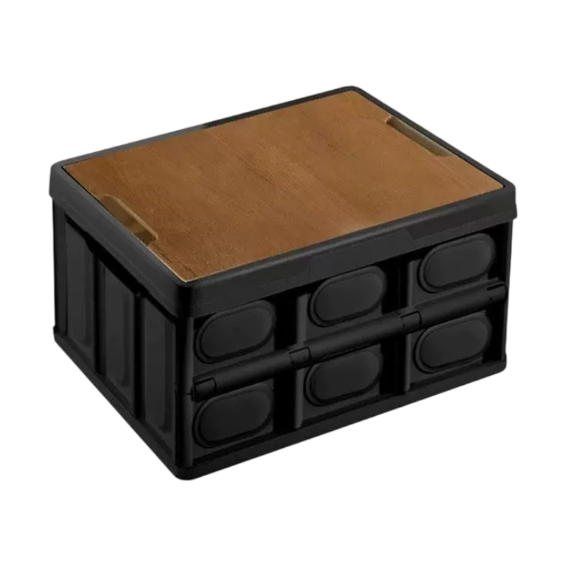 Black Collapsible Medium Standard Storage Box with Wooden Table Top(42x28x23CM) - Car Trunk Organiser for Australian Camping & Home Use