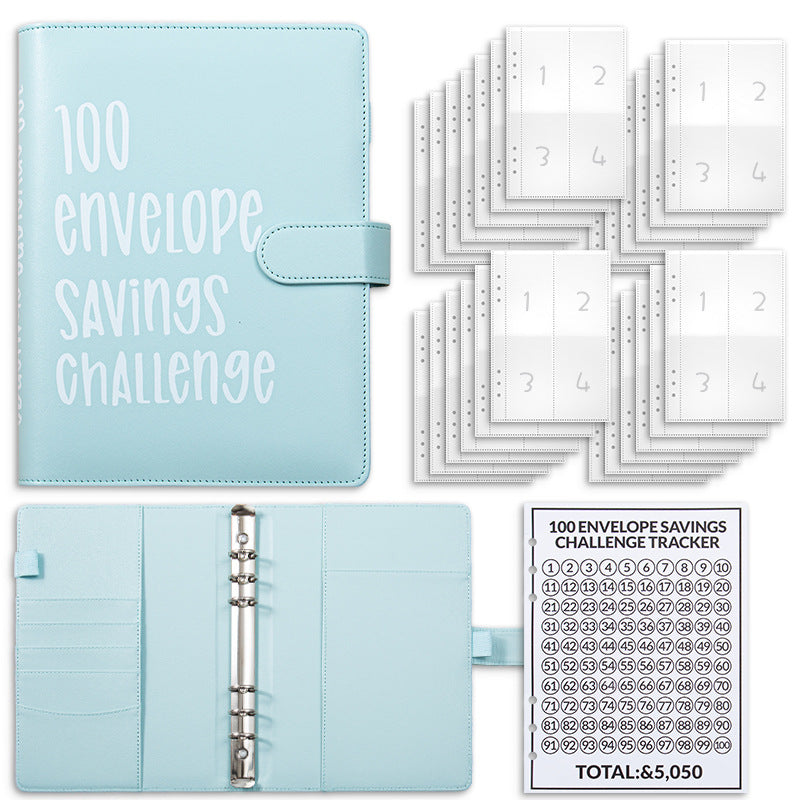 Blue 100 Envelope Savings Challenge Binder - A5 Budget Planner & Money Organizer with Zipper Pockets - Perfect for Couples & Families