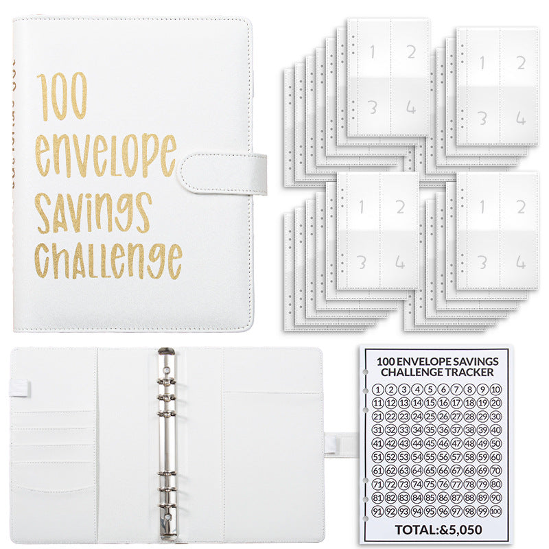 White 100 Envelope Savings Challenge Binder - A5 Budget Planner & Money Organizer with Zipper Pockets - Perfect for Couples & Families
