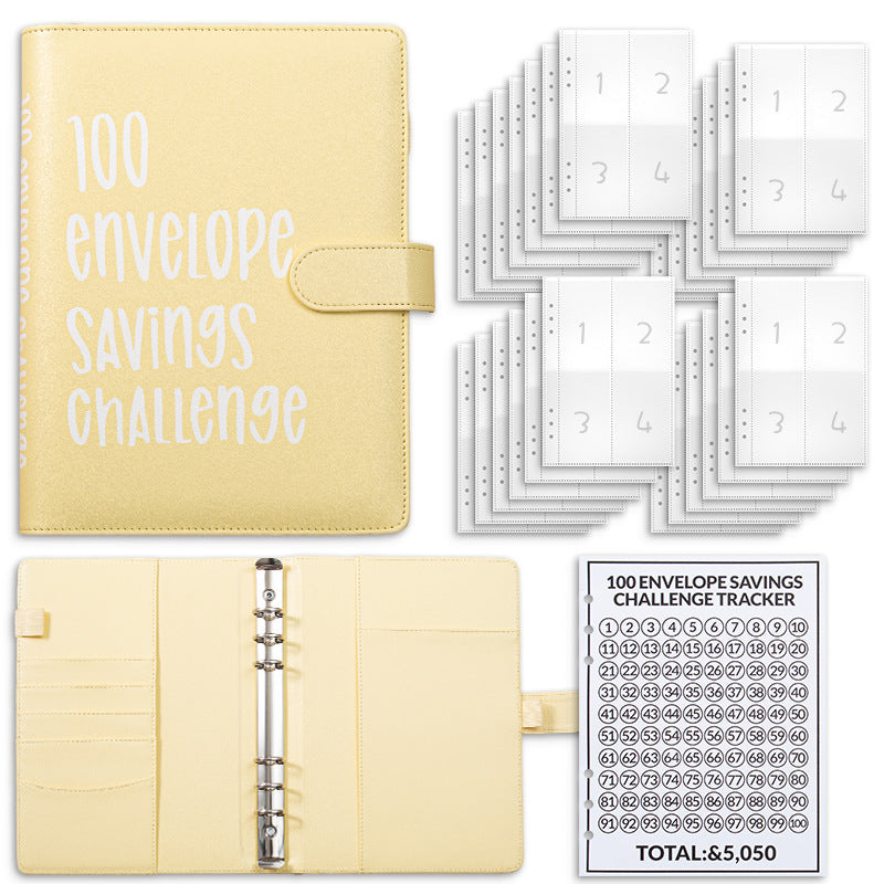 Yellow 100 Envelope Savings Challenge Binder - A5 Budget Planner & Money Organizer with Zipper Pockets - Perfect for Couples & Families