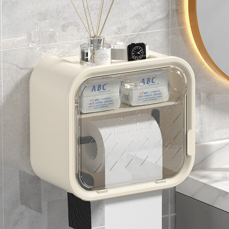 White Wall Mounted Dual Layer Bathroom Tissue Box Holder with Storage Drawer Waterproof Dispenser for Toilet Paper and Tissues