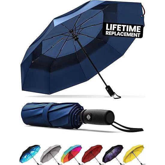 Blue Automatic Windproof Travel Umbrella Compact Folding Umbrella Auto Open and Close with Vented Double Canopy for Rain and Sun