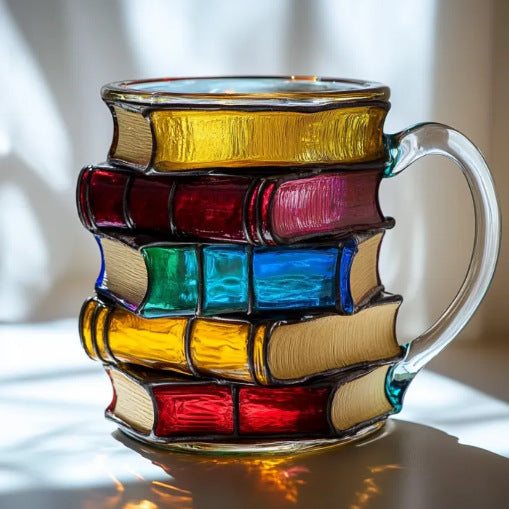 3D Book Stack Resin Mug with Spoon Creative Library Bookshelf Design Coffee Cup Unique Gift for Book Lovers and Writers(style J)